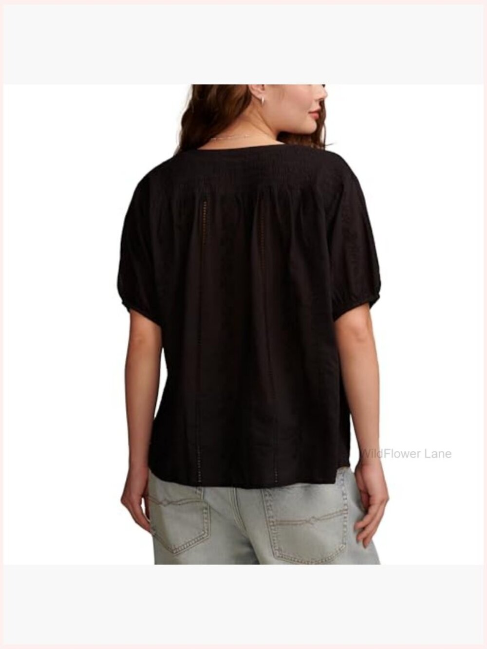Smocked Shoulder Button Down Blouse Short Sleeve V-Neck Cotton - Picture 3 of 5
